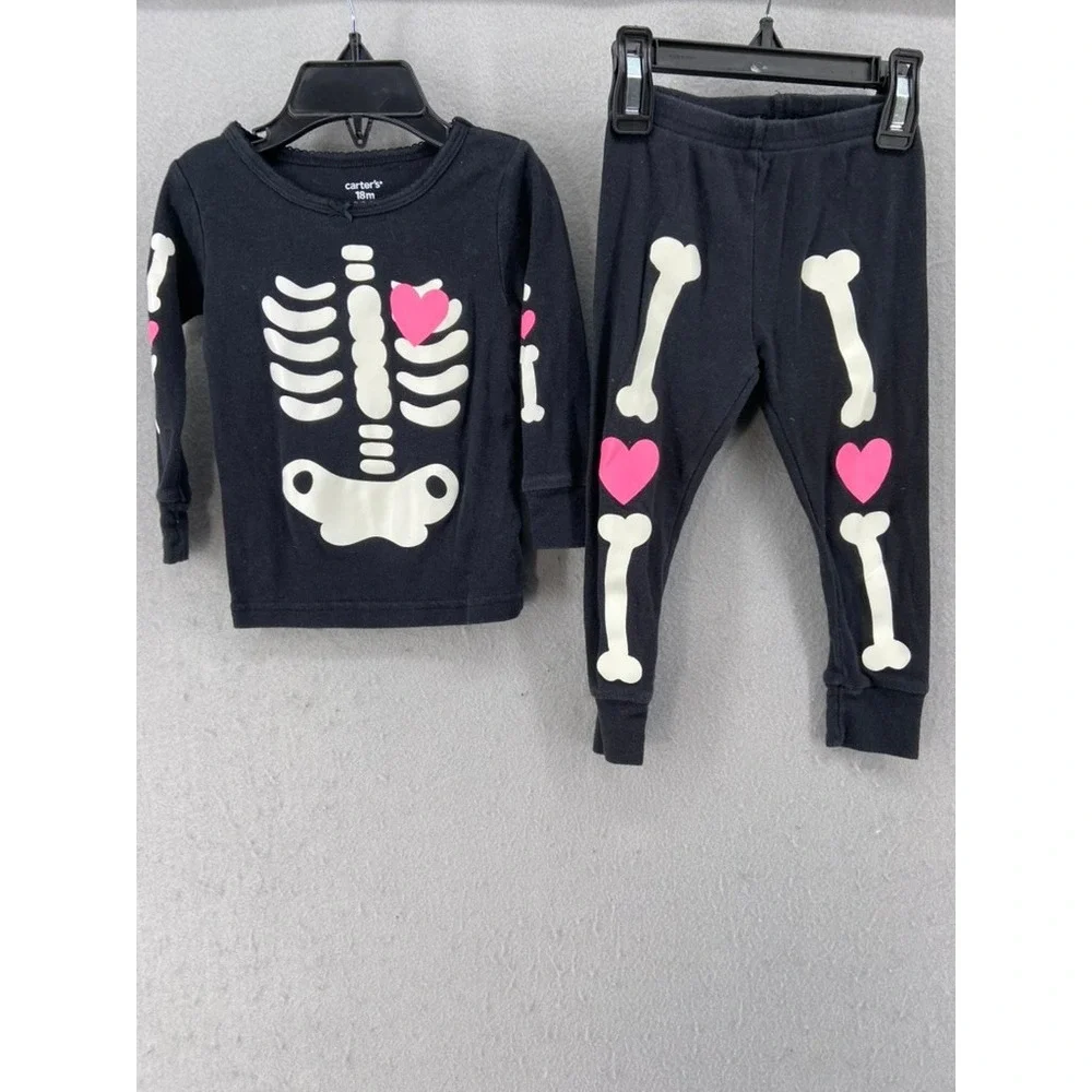 Carters Pajamas Rompers Girls Sz 18‎ mos. Set of 2 Black Skeleton Halloween
